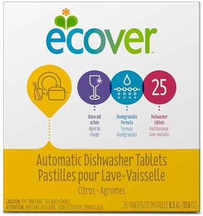 Ecover Automatic Dishwasher Tabs, Naturally-Derived and Biodegradable Dishwasher Detergent, Citrus Scent, (25) Dishwasher Cleaner Tablets, 1 Pack