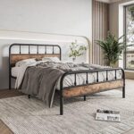 Elegant Home Products Full Bed Frame with Wood Headboard and Footboard,Sturdy Steel Slats,Metal Platform Bed Frame,No Box Spring Needed,Noise Free Mattress Foundation Black & Rustic Brown