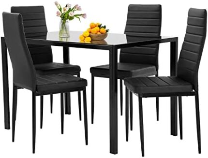 FDW Dining Table Set Glass Dining Room Table Set for Small Spaces Kitchen Table and Chairs for 4 Table with Chairs Home Furniture Rectangular Modern (Black)