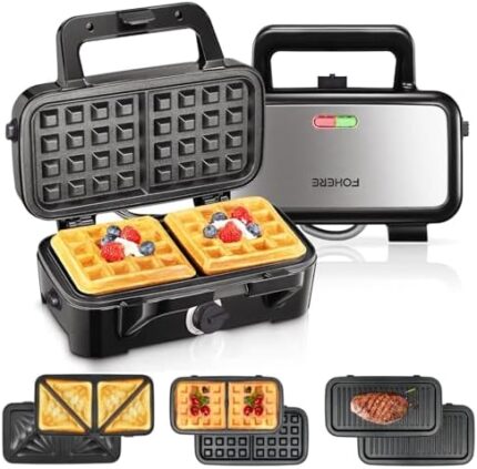 FOHERE 3-in-1 Waffle Maker, Sandwich Maker, Panini Press with Removable Plates, 5-Gear Temperature, LED Indicator Lights, Portable Handle, 1200W Belgian Electric Grill Cheese Machine