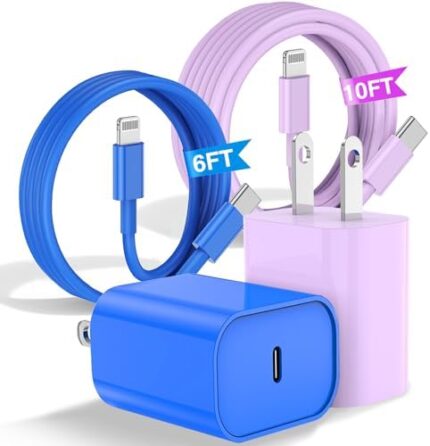 Fashia iPhone Charger Fast Charging[6FT+10FT], Apple Charger with Long USB C to Lightning Cable for iPhone 14/13/12 Pro Max,20W USB C Charger Block and Chargeur iPhone Fast Charing Cord(Blue+Purple)