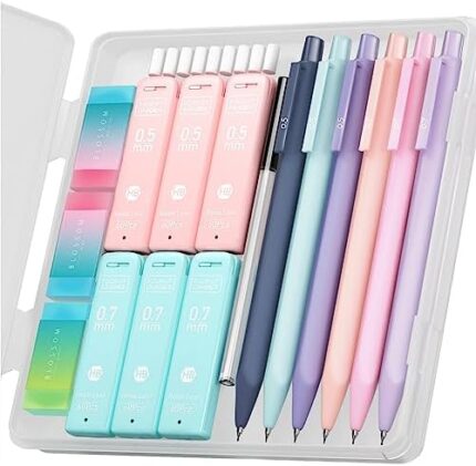 Four Candies Cute Mechanical Pencil Set, 6PCS Pastel Mechanical Pencils 0.5 & 0.7mm with 360PCS HB Pencil Leads, 3PCS Erasers and 9PCS Eraser Refills, Aesthetic Mechanical Pencils for Girls Writing