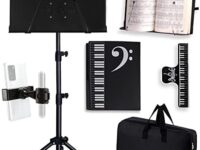 GLEAM Sheet Music Stand - Full Metal with Carrying Bag, Phone Holder, Sheet Music Folder and Clip, 5 in 1 Desktop Book Stand