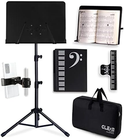 GLEAM Sheet Music Stand - Full Metal with Carrying Bag, Phone Holder, Sheet Music Folder and Clip, 5 in 1 Desktop Book Stand