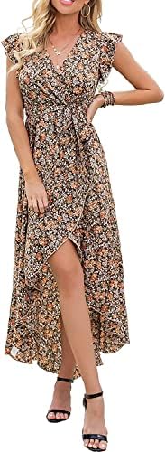 GRECERELLE Women's Boho Beach Vacation Wrap V Neck Summer Long Maxi Dress