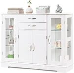 Giantex Sideboard Buffet Server Storage Cabinet W/ 2 Drawers, 3 Cabinets and Glass Doors for Kitchen Dining Room Furniture Cupboard Console Table (White)