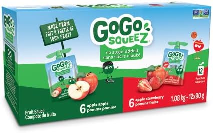 GoGo squeeZ Fruit Sauce Variety Pack, Apple, Strawberry, No Sugar Added. 90g per pouch, Pack of 12