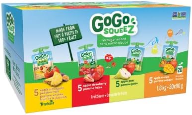 GoGo squeeZ Fruit Sauce Variety Pack, Pineapple Passion Fruit, Strawberry, Pear, Mango, No Sugar Added. 90g per pouch, Pack of 20