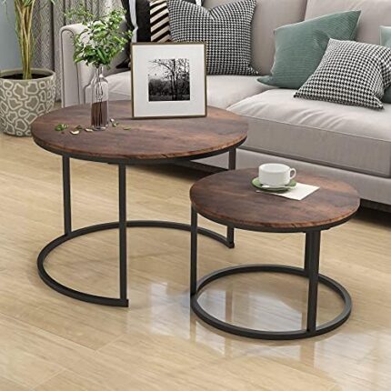 HOJINLINERO Industrial Round Coffee Table Set of 2 End Tables for Living Room, Stacking Side Tables, Sturdy and Easy Assembly,Round Wood Look Accent Furniture with Metal Frame,Black+Brown