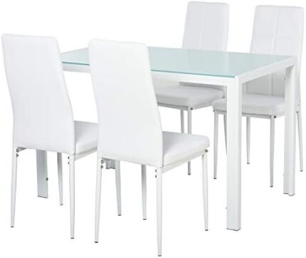 HOMCOM Dining Table Set for 4, 5-Piece Rectangular Glass Kitchen Table and Chairs with Metal Frame and Faux Leather Upholstery for Dining Room, Living Room, White