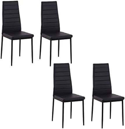 HOMCOM Modern Dining Chairs Set of 4, Upholstered PU Leather Kitchen Chairs with Channel Tufting and Metal Legs for Living Room, Dining Room, Bedroom, Black