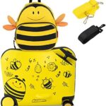 HONEY JOY Kids Luggage, 12” Children Travel Backpack & 18” Hard Shell Carry-on Luggage, Anti-Lost Adjustable Strap, Airplane Approved, 2 Pcs Ride-on Suitcase for Girls Boys(Yellow Bee)