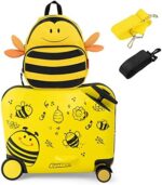 HONEY JOY Kids Luggage, 12” Children Travel Backpack & 18” Hard Shell Carry-on Luggage, Anti-Lost Adjustable Strap, Airplane Approved, 2 Pcs Ride-on Suitcase for Girls Boys(Yellow Bee)