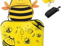 HONEY JOY Kids Luggage, 12” Children Travel Backpack & 18” Hard Shell Carry-on Luggage, Anti-Lost Adjustable Strap, Airplane Approved, 2 Pcs Ride-on Suitcase for Girls Boys(Yellow Bee)