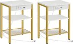 HOOBRO Set of 2 End Table with Charging Station and USB Ports, 3-Tier Nightstand with Adjustable Shelves, Side Table for Small Space, Living Room, Bedroom Modern Style, Gold and White DW112BZP201G1