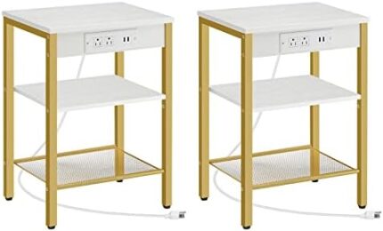 HOOBRO Set of 2 End Table with Charging Station and USB Ports, 3-Tier Nightstand with Adjustable Shelves, Side Table for Small Space, Living Room, Bedroom Modern Style, Gold and White DW112BZP201G1