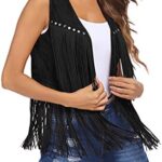 HOTLOOX Women Tassel Vest 70s Hippie Faux Suede Rivets Sleeveless Fringe Jacket S-XXL