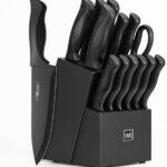 HUNTER.DUAL Knife Set, Dishwasher Safe Kitchen Knife Set with Block, 15 Pcs Black Kitchen Knife Sets with Block Self Sharpening, 6 Steak Knives, Black