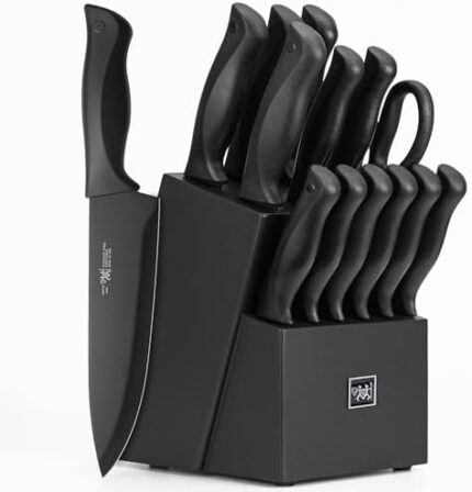 HUNTER.DUAL Knife Set, Dishwasher Safe Kitchen Knife Set with Block, 15 Pcs Black Kitchen Knife Sets with Block Self Sharpening, 6 Steak Knives, Black