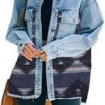 Haellun Women's Aztec Shacket Distressed Lapel Long Sleeve Button Down Jean Denim Jacket Coat