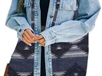 Haellun Women's Aztec Shacket Distressed Lapel Long Sleeve Button Down Jean Denim Jacket Coat