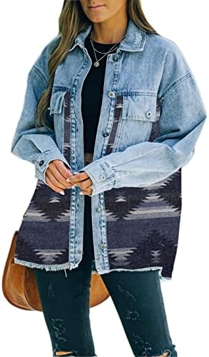 Haellun Women's Aztec Shacket Distressed Lapel Long Sleeve Button Down Jean Denim Jacket Coat