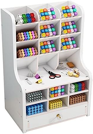 Hggzeg Updated Wooden Pen Organizer with Drawer, DIY Pencil Holder Desk Tidy Caddy Office Stationery Desktop Art Supply for Home Supplies(JB16-2 White)