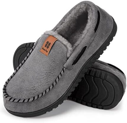 HomeTop Men's Suede Memory Foam Moccasin Slippers Soft Plush Warm Lining House Shoes with Anti-Skid Rubber Sole