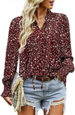 Hotouch Womens Long Sleeve Tops Boho Floral Printed Blouses Casual V Neck Pleated Drawstring Shirts