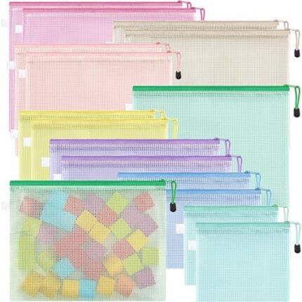 JARLINK 16pcs Mesh Zipper Pouch for Organizing, 8 Sizes Waterproof Zipper Storage Bags, 8 Colors Plastic File Pouch, Multipurpose for Travel, School, Board Game, Puzzles, Office, and Home Organize