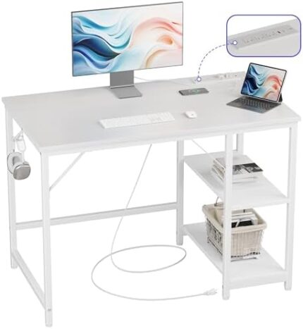 JOISCOPE 40 x 24 Inch Small Gaming Computer Desk with USB & Type-C Outlet, Home Office Desk with Storage Shelves for Bedroom, Modern Simple Home Office, Writing Table, White