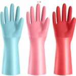 KAQ 3 Pairs PVC Rubber Gloves with Cotton Lined, Anti-Slip Dishwashing Gloves, Heavy Duty Kitchen Gloves for Washing Dishes, Household Gloves for Working, Painting, Pet Care, Handling Chemicals