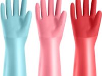 KAQ 3 Pairs PVC Rubber Gloves with Cotton Lined, Anti-Slip Dishwashing Gloves, Heavy Duty Kitchen Gloves for Washing Dishes, Household Gloves for Working, Painting, Pet Care, Handling Chemicals