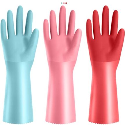 KAQ 3 Pairs PVC Rubber Gloves with Cotton Lined, Anti-Slip Dishwashing Gloves, Heavy Duty Kitchen Gloves for Washing Dishes, Household Gloves for Working, Painting, Pet Care, Handling Chemicals