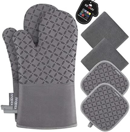 KEGOUU Oven Mitts and Pot Holders 6pcs Set, Kitchen Oven Glove High Heat Resistant 500 Degree Extra Long Oven Mitts and Potholder with Non-Slip Silicone Surface for Cooking