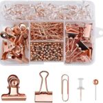 Kissral 500 PCS Rose Gold Binder Clips，100Pcs Push Pins+80Pcs Paper Clips+300Pcs Round Head Pins+14Pcs Binder Clips+6Pcs Bulldog Clips with Box for for School Stationery Office Home Supplies