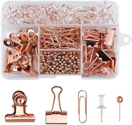 Kissral 500 PCS Rose Gold Binder Clips，100Pcs Push Pins+80Pcs Paper Clips+300Pcs Round Head Pins+14Pcs Binder Clips+6Pcs Bulldog Clips with Box for for School Stationery Office Home Supplies