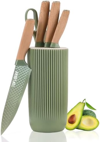 Kitchen Knife Set, 6-Pieces Green Sharp Knife Set for Kitchen, Non-Stick Non-Slip Stainless Steel Chef Knife Set with Universal Knife Block Suitable for Home Restaurant (Green)