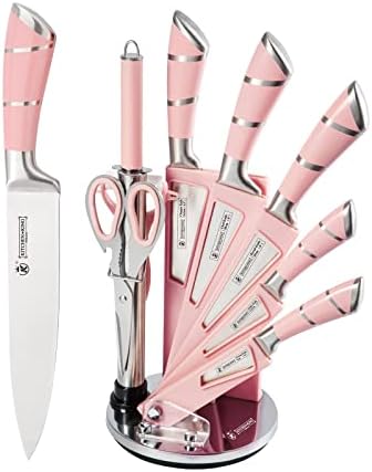 Kitchen Knife Set, Retrosohoo 9-Pieces Pink Sharp Non-Stick Coated Chef Knives Block Set,Stainless Steel Knife Set for Kitchen with Sharpener for Cutting Slicing Dicing Chopping