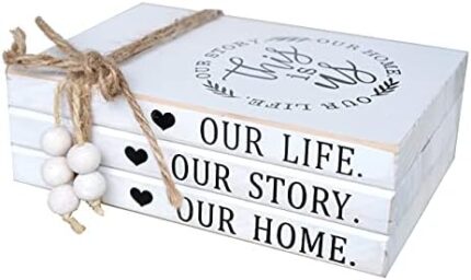 LIVDUCOT Wood Decorative Books Stack Rustic Home Decor Stack White Wooden Books for Modern Home Decor,Shelf,Mantle or Tray This is Us Our Life Our Story Our Home 7X 5.5X 2.5'