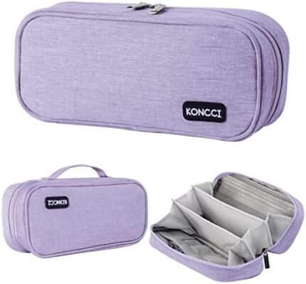 Large Capacity Pencil Case, Koncci Stationery Storage Handheld Pen Pouch Bag Multiple Compartment Double Zipper Cosmetic Portable High School Office Organizer College Student Girls Boys Teen Adults