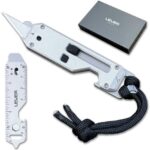 Lever Gear Edge XT - Mini Utility Knife Keychain Multitool w/ 10 Tools - Retractable Razor Blade Mini Box Cutter OTF Knife - Small EDC Pocket Knives for Men Gift Bottle Opener (Silver-blk)