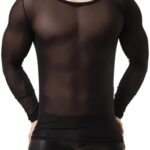 MANJIAMEI Men's Long Sleeve Tops, Sexy See Through Mesh Undershirt for Men, Slim Fit Gym Training Tee Shirt Pullover Tops