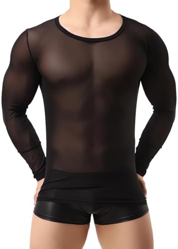 MANJIAMEI Men's Long Sleeve Tops, Sexy See Through Mesh Undershirt for Men, Slim Fit Gym Training Tee Shirt Pullover Tops