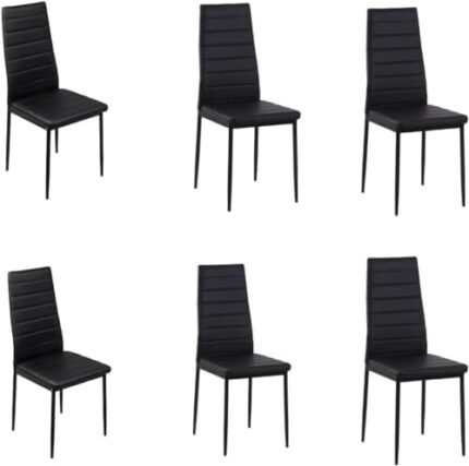 MECHYIN Dining Chairs Set of 6, Modern Black Dining Room Chairs - Upholstery Faux Leather - Stainless Base - Sleek and Stylish Design - Ideal for Dinette, Kitchen, and Breakroom (6, Black, L)