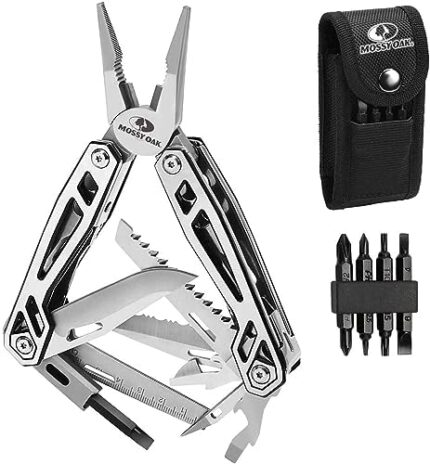 MOSSY OAK 21-in-1 Multitool, Premium Stainless Steel Multi Tool Pocket Knife, Screwdriver Sleeve with 4Pcs Alternative Bits,Safe-Locking, Multitool Plier for Outdoor and Repair with Nylon Pouch