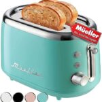 MUELLER HOME Retro Toaster 2 Slice with 7 Browning Levels and 3 Functions: Reheat, Defrost & Cancel, Stainless Steel Features, Removable Crumb Tray, Under Base Cord Storage, Turquoise