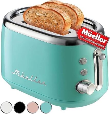 MUELLER HOME Retro Toaster 2 Slice with 7 Browning Levels and 3 Functions: Reheat, Defrost & Cancel, Stainless Steel Features, Removable Crumb Tray, Under Base Cord Storage, Turquoise