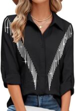 MYMORE Womens Rhinestone Fringe Button Down Shirt Rolled 3/4 Sleeve Sparkly Top Concert Nashville Western Cowgirl Outfit