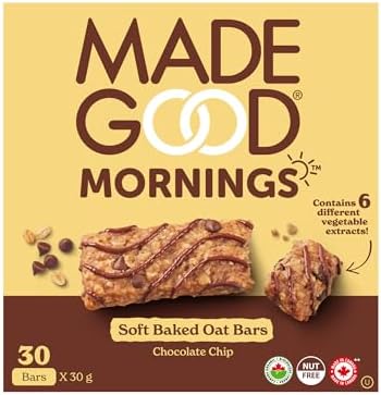 MadeGood Mornings Soft Baked Breakfast Bars, Chocolate Chip, 30g (30 Count) Gluten Free Snacks